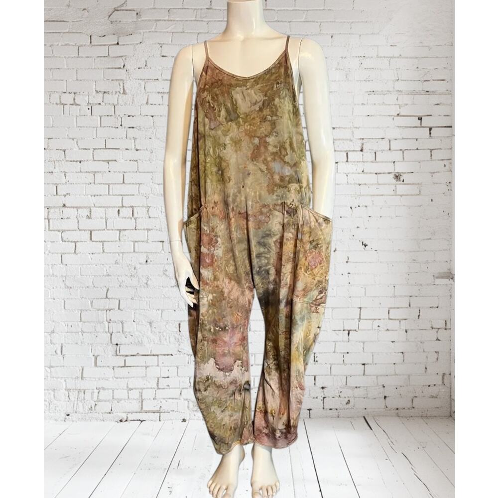 Hand Dyed Large Tie Dye Romper Earthy Hippie Ice Dyed Harem Hot Shot Festival